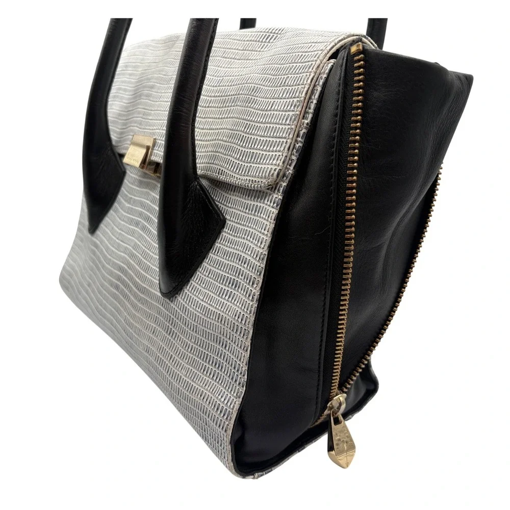 Pour La Victoire Expandable Satchel Bag Black Grey Excellent Textured‎ Leather